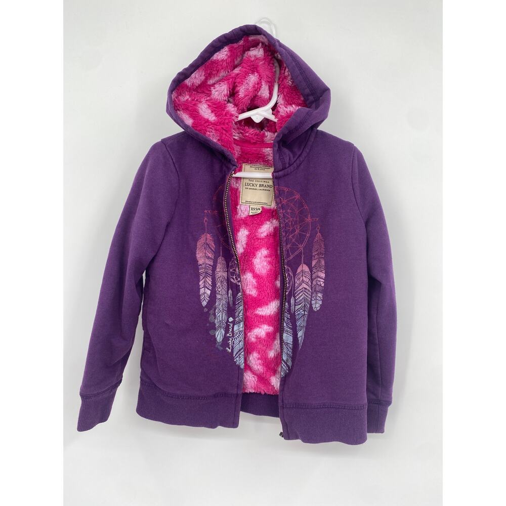 Lucky Brand Girls Purple Full Zip Hoodie Fleece Lined Zipper Broken XS 5-6